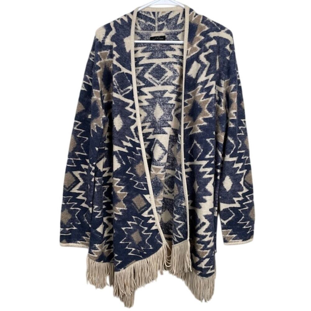 Lucky Brand Brown Navy Aztec/Western Fringed Long Sleeved Wrap